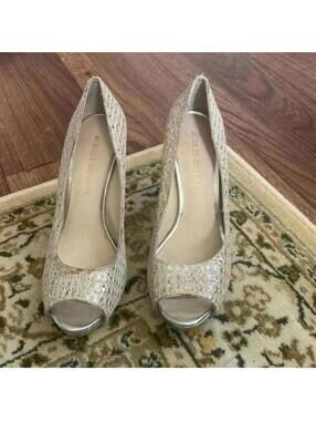Audrey Brooke Silver Metallic Peep Toe Platform Heel Cocktail Wedding Prom